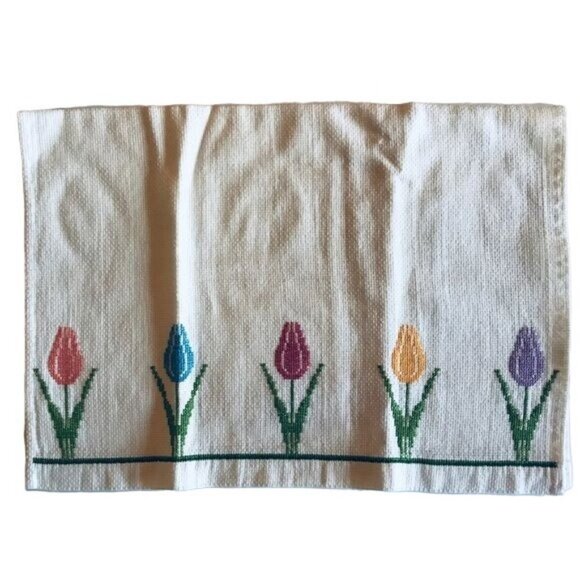 Vintage Embroidered Hand Dish Kitchen Tulips Colorful Tea Towel Set - Picture 6 of 8